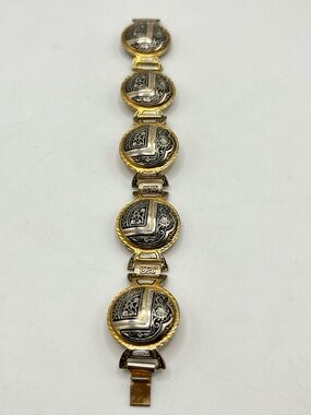 Vintage Spain Damascene Wide Round Link Bracelet 7” on cone
